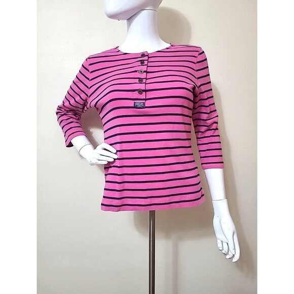Lauren Jeans Ralph Lauren Womens Top Medium Pink Black Striped 1/4 Button Up - Picture 1 of 7